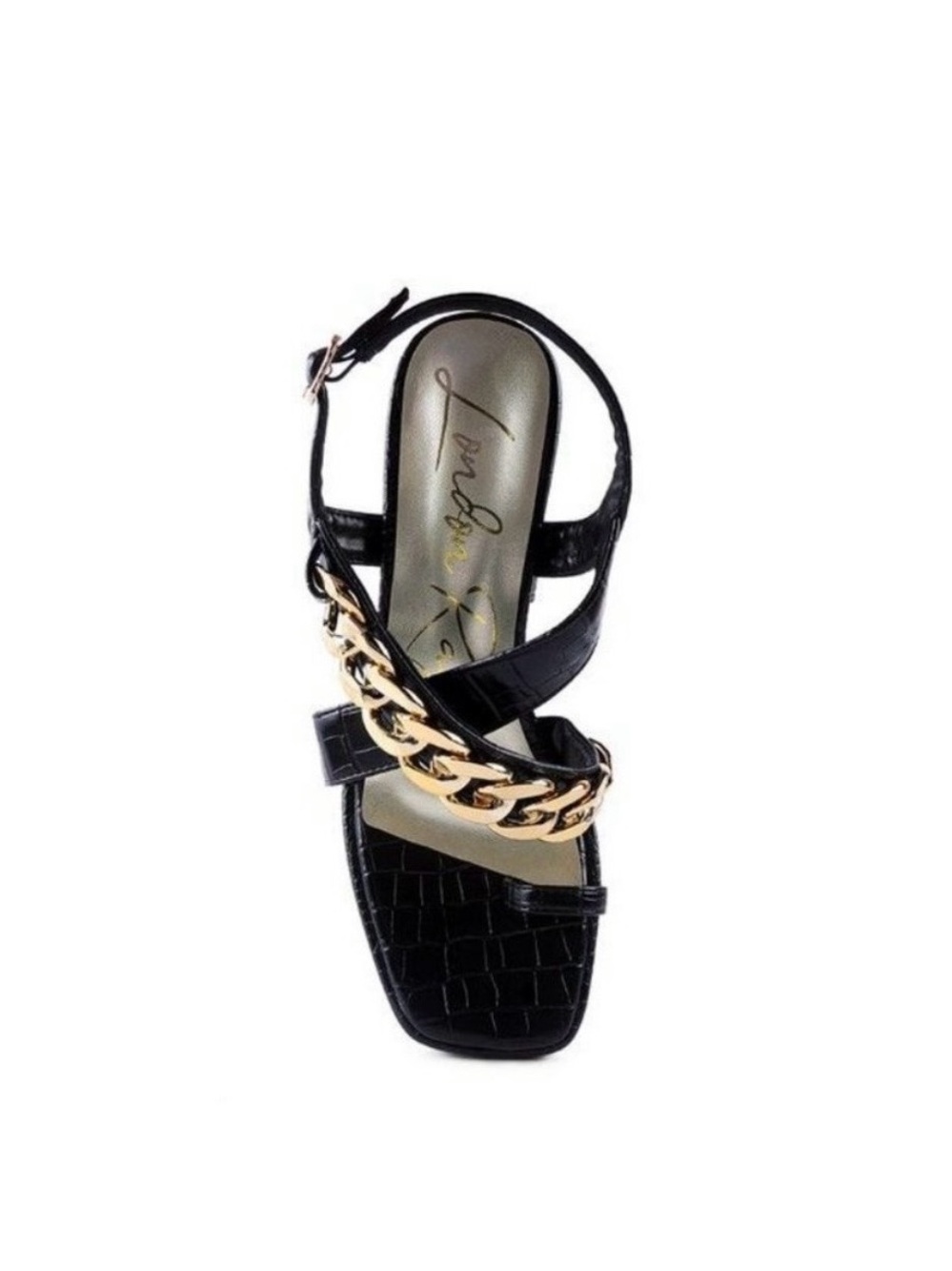 Frecklin Metal Chain Block Heel Sandals Elegant (Blue, Pink, and Black-NWT) Gold